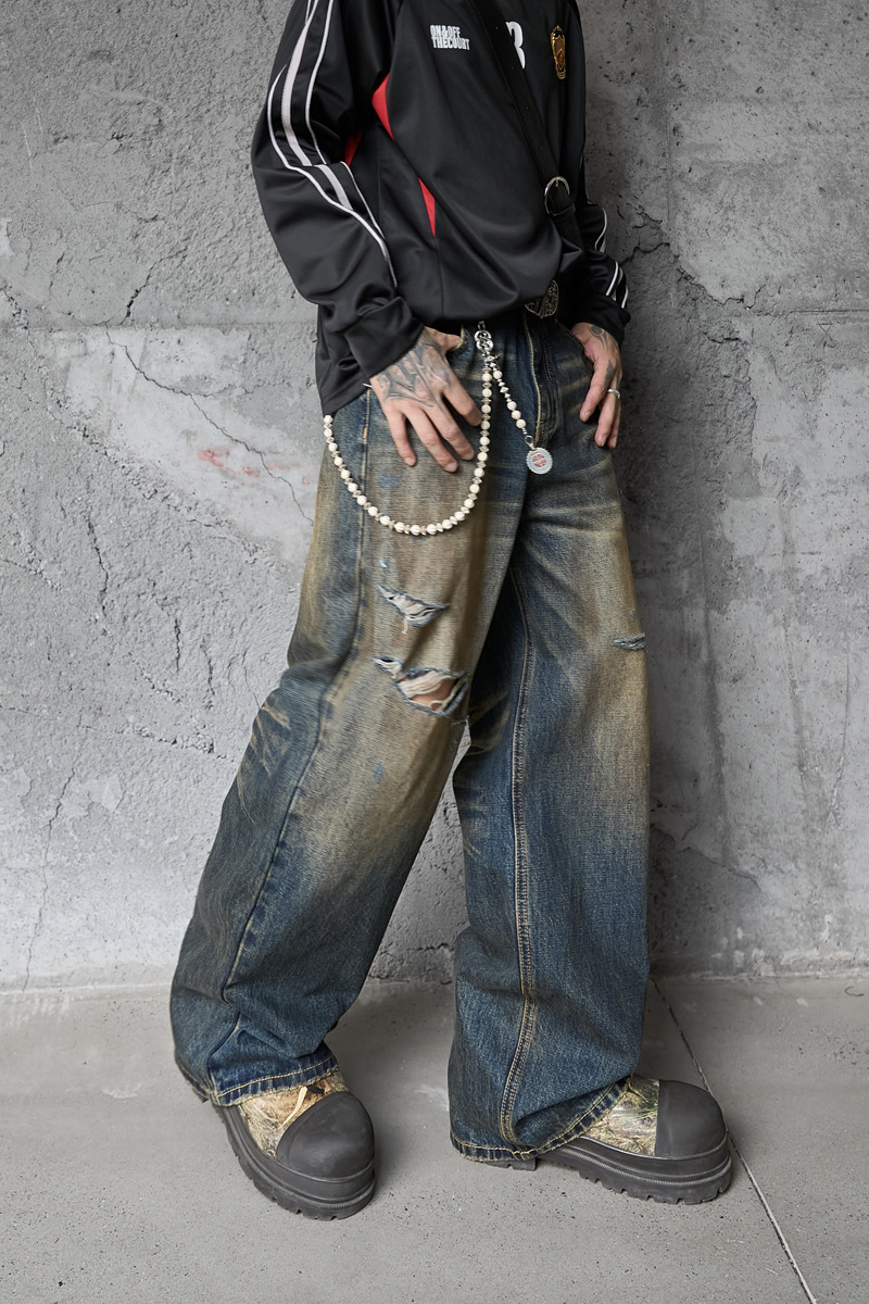 Vintage Washed Ripped Street Style Dagger Cut Denim Pants, Unisex Loose Clean Fit Wide Leg Floor-Length Trousers