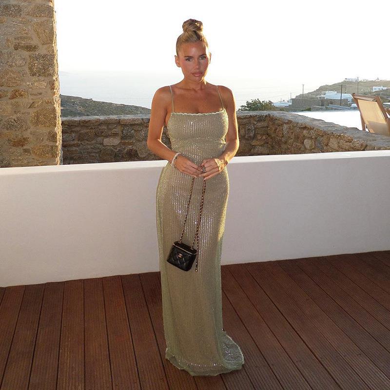 Square Neck Sleeveless Knit Fitted Embellished Dress