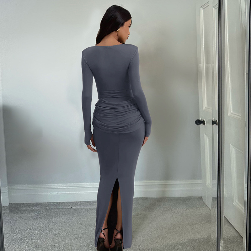Stretch High-Waist Gathered Full Sleeve Dress