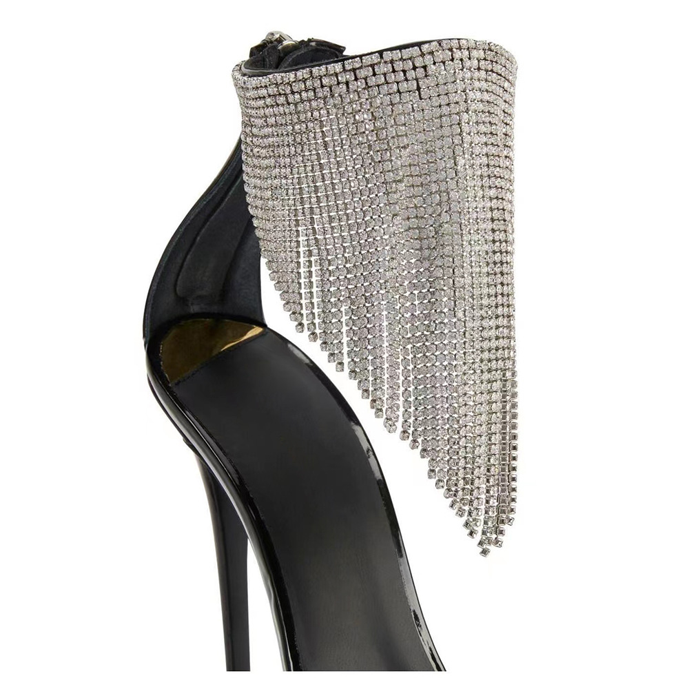 Pointed High Heeled Shoes For Women, Slim Heeled Fish Mouth Shoes, Tassel Hollowed Out Rhinestone Banquet Sandals For Women