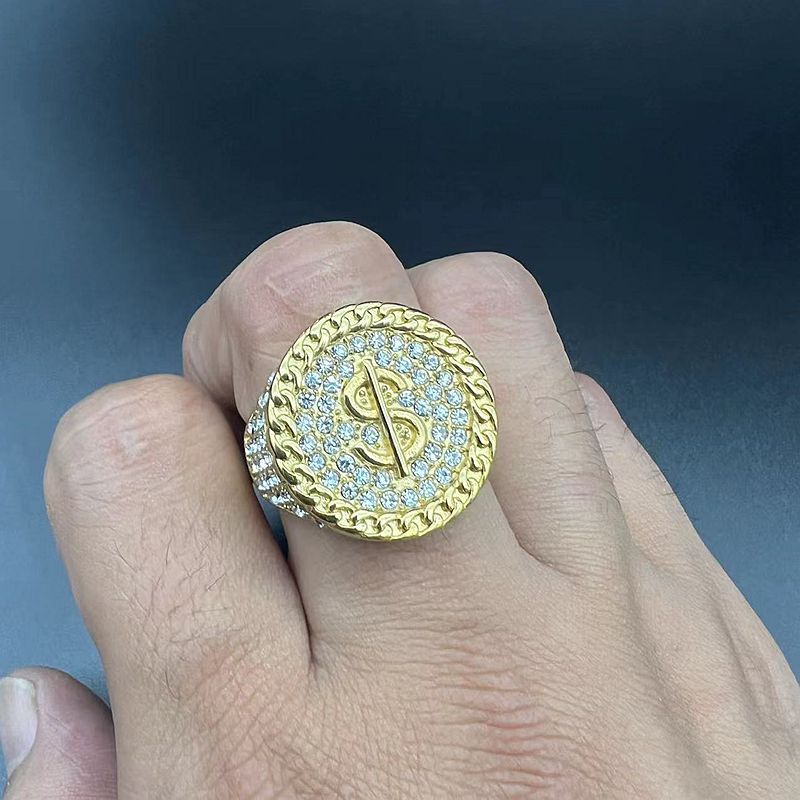 Nightclub New Ring Titanium Steel Plated Water Diamond Dollar Symbol Men's Ring