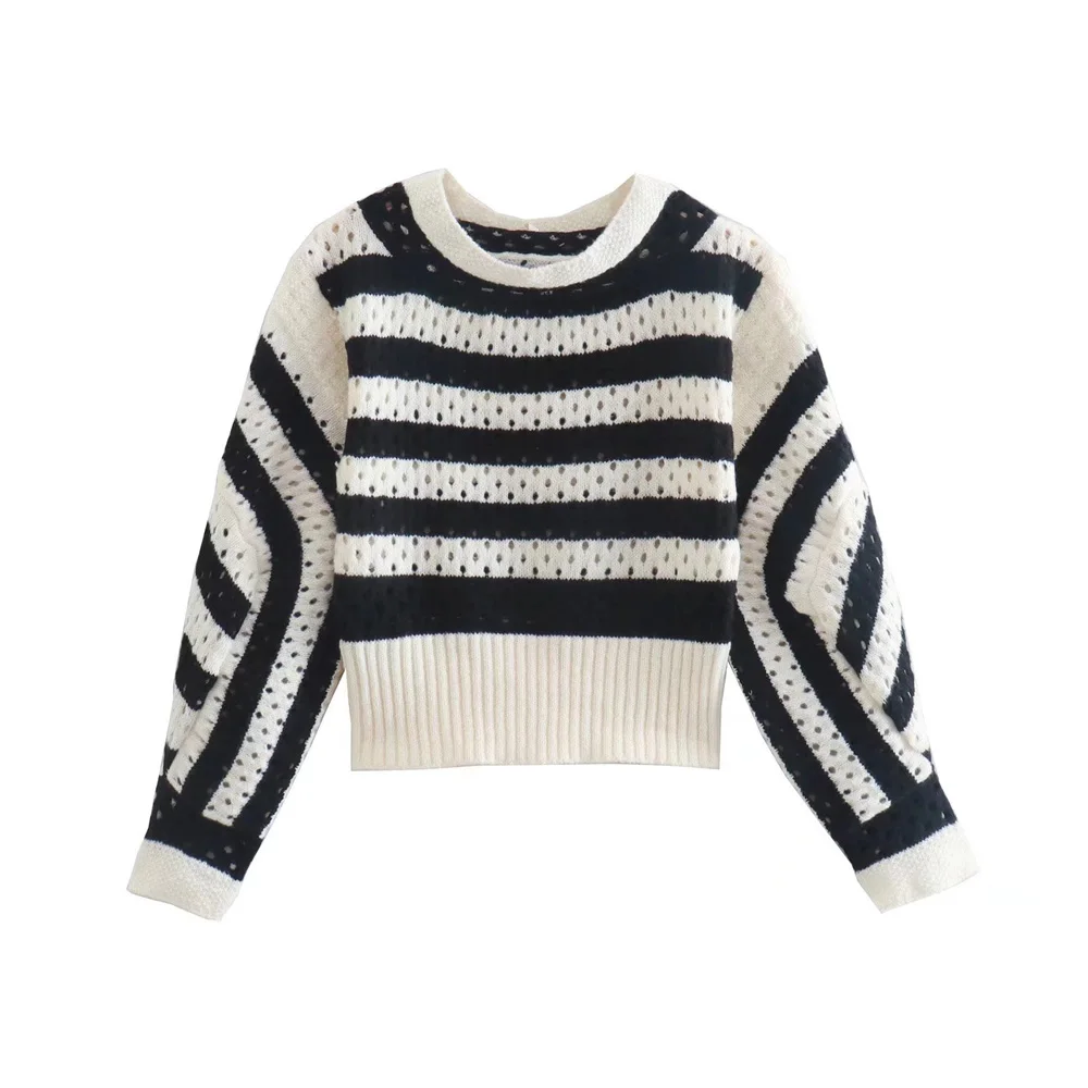 Ladies Retro Two-Tone Short Crew Polyester Sweater