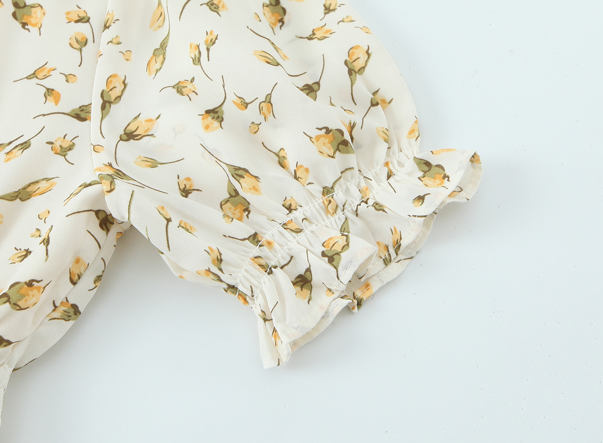Floral Print Square Neck Tie-Waist Bubble Sleeve Dress