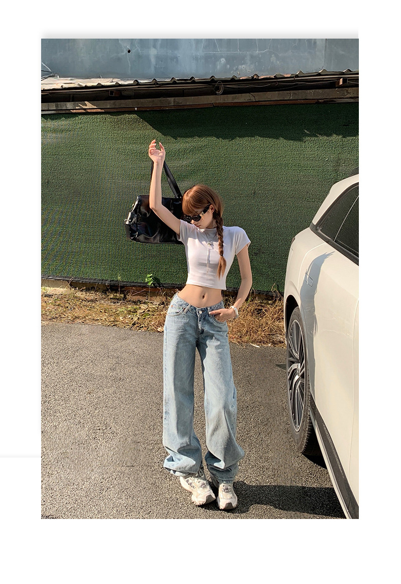 Washed Blue V-neck Waist Straight Leg Jeans Women Loose Slimming High-waisted Versatile Drape Floor-length Pants