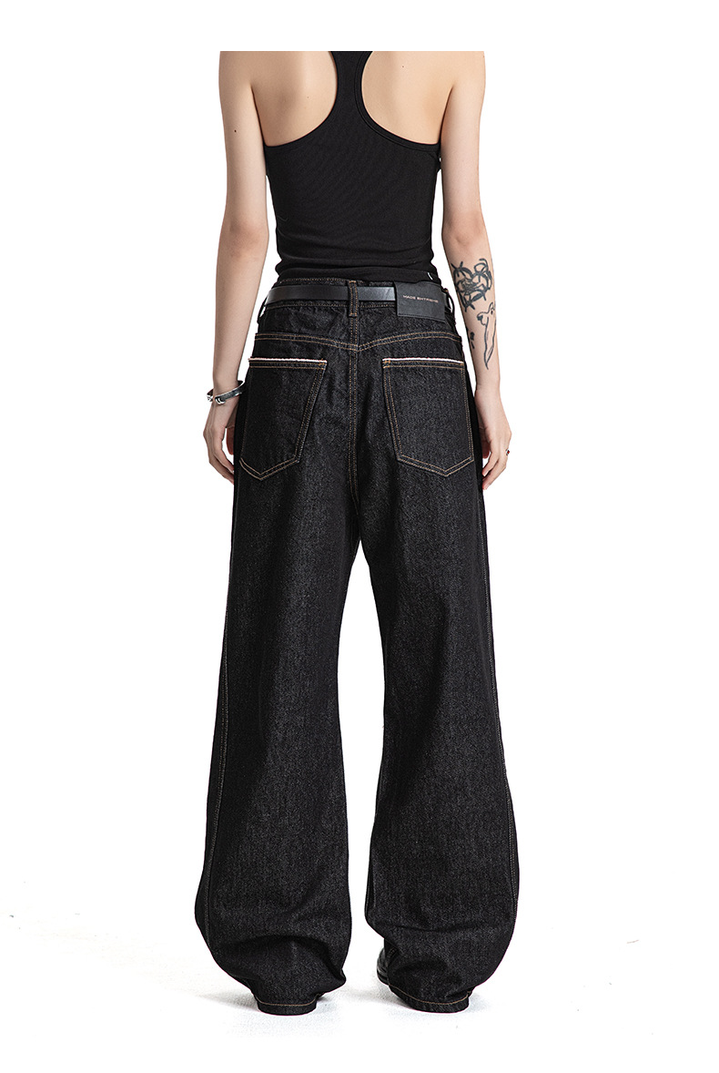 Dark Color Topstitching Straight Loose Commuting Denim Trousers Cleanfit