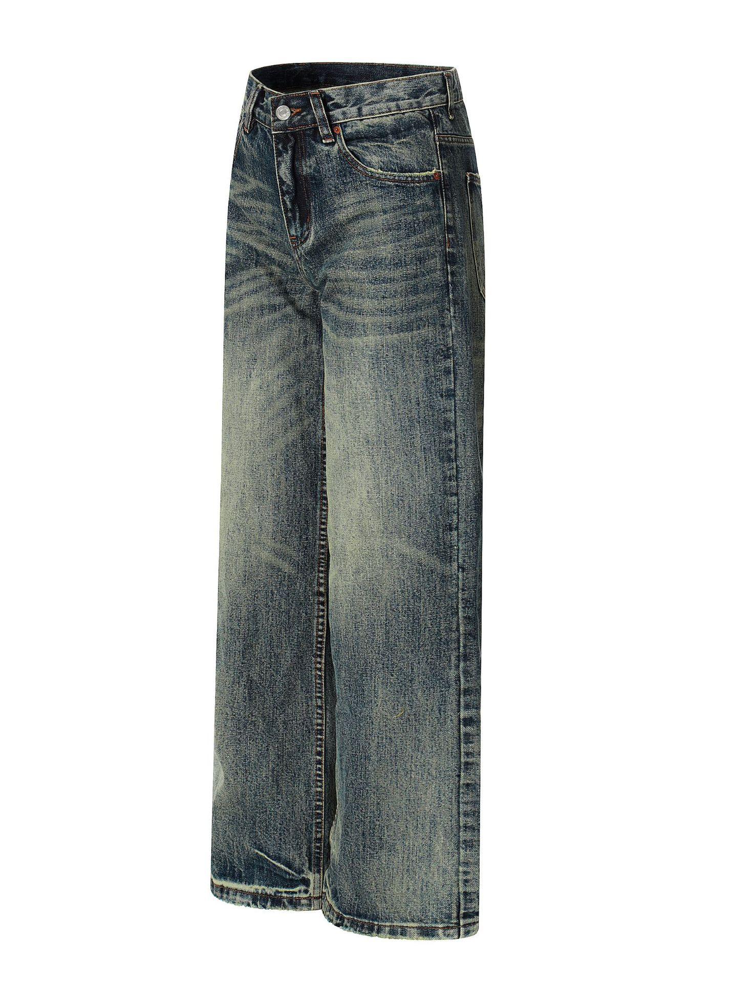 Water-Washed Faded Loose Fit Wide-Leg Floor-Length Casual Trousers
