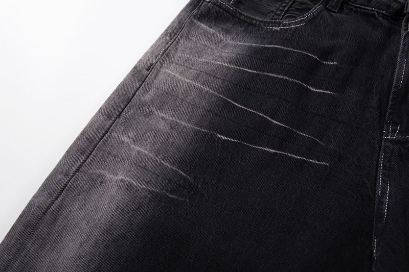 Vintage Washed Lightning Pattern Straight Leg Jeans Men High Quality Gradient Trendy Brand Wide Leg Pants