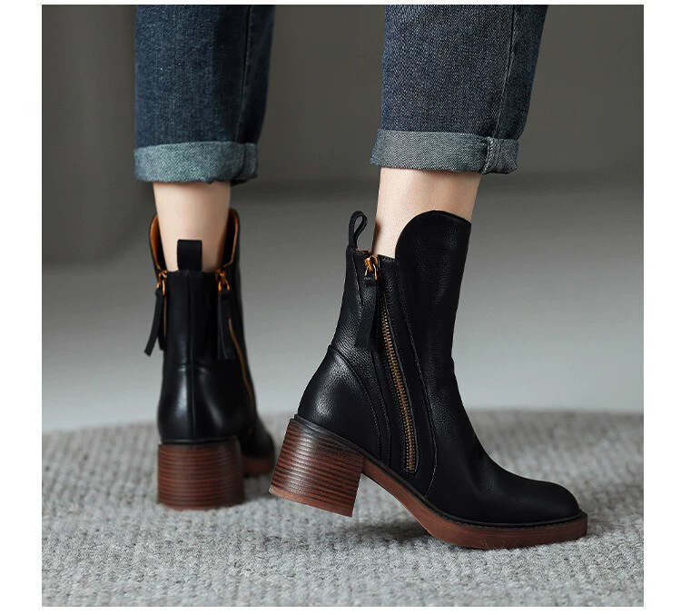 Round headed double zipper thick heel sponge bottom brown retro Martin boots for women