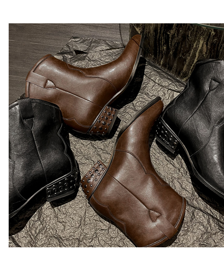 Sharp toe short boots women's cowhide thick heel middle heel bare boots retro V-neck boot design niche rivet Western cowboy boots
