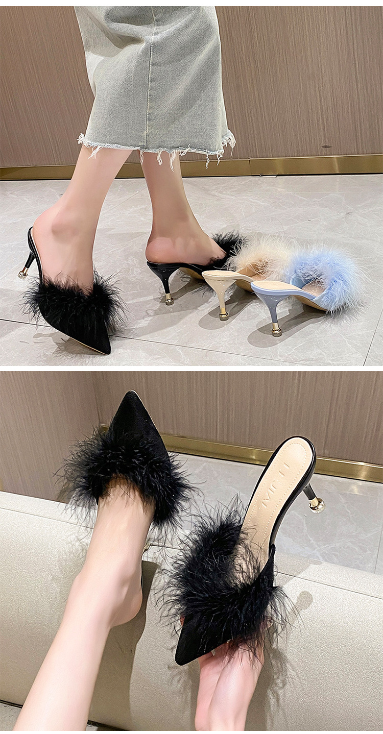 Women High Heel Shoes Fur Slippers Mules Pointed Toe Furry Slides Fashion Elegant Luxury Designer Flip Flops Office Pumps