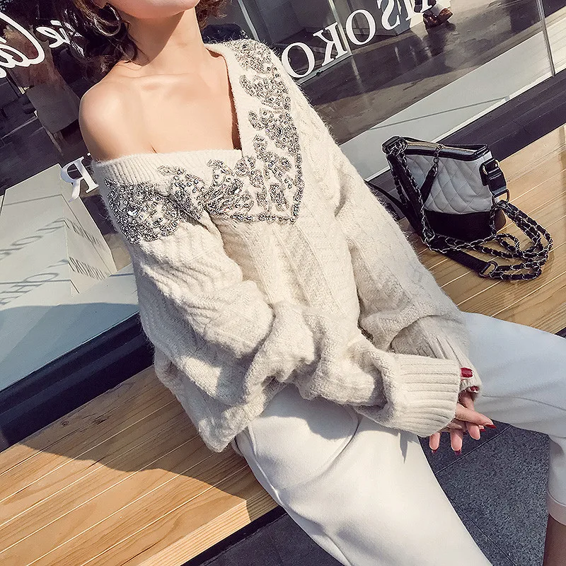Ladies Oversized Wool Blend Embellished Sweater