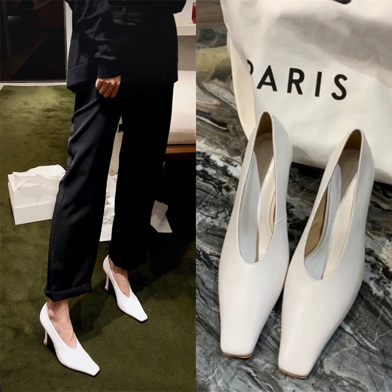 Ladies Vintage Chunky Female High Heel Pumps Sexy Cow Leather Women Square Toe Heels Lady Fashion Shoes Hot Sales