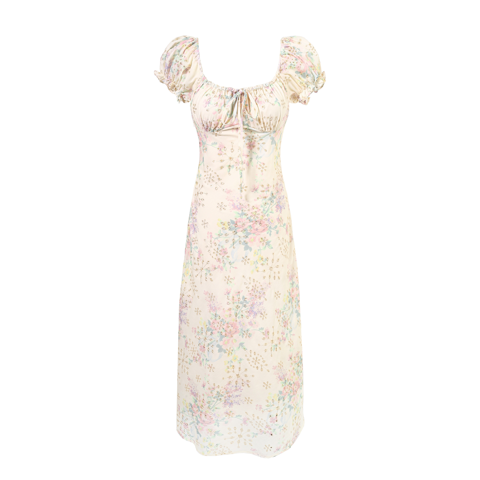 Square Neck Printed Waist-Cinched Short Sleeve Dress Long Skirt