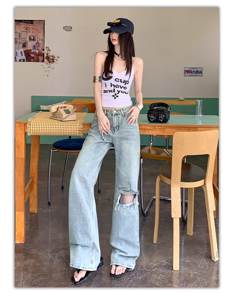 Light Blue Distressed Wide-Leg Jeans Women Retro Design Loose Straight Pants High Street
