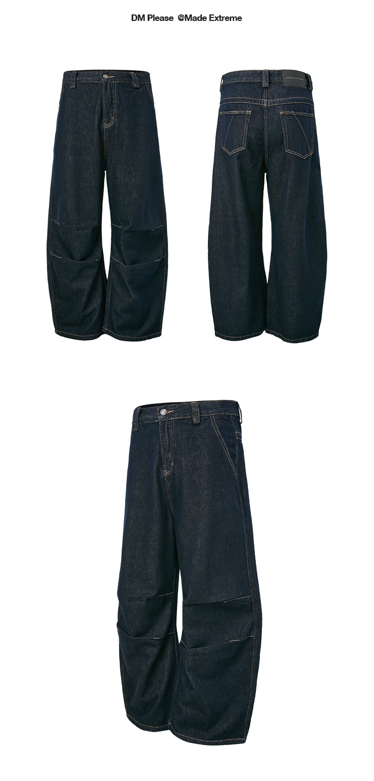 Jeans with Double Knee Tucks Vintage Baggy Deep Blue Denim Pants for Men and Women