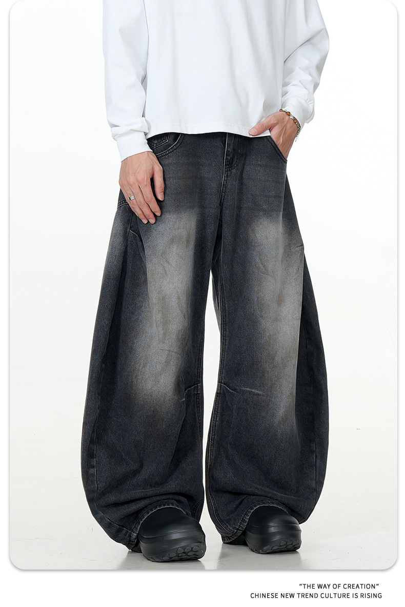 Black Faded Tapered Jeans Slim Baggy Loose Fit Casual Wide Leg Long Pants
