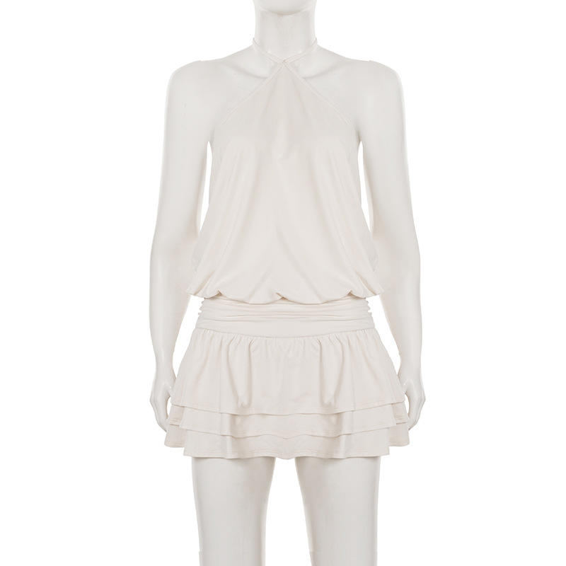 Hanging neck lace up short skirt sleeveless casual backless solid color dress