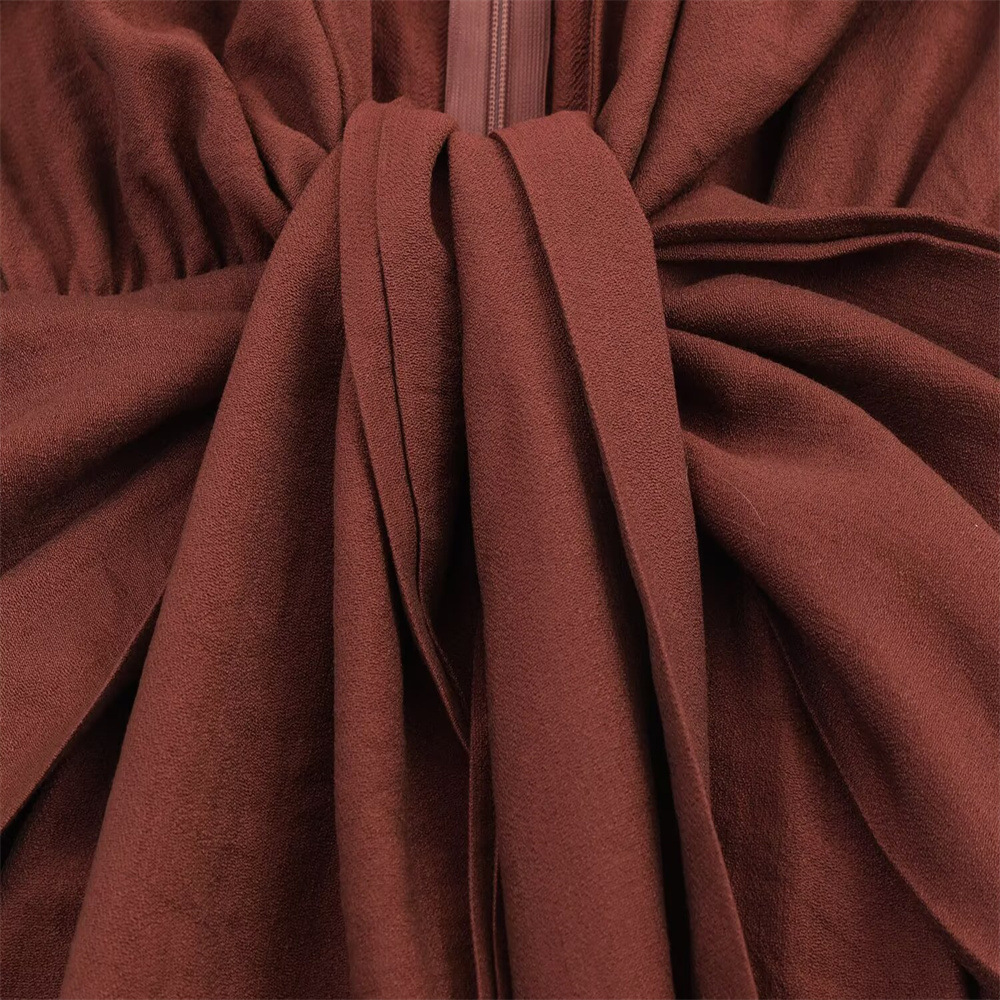 Deep V-neck long sleeved waist cinched pleated long skirt dress for women