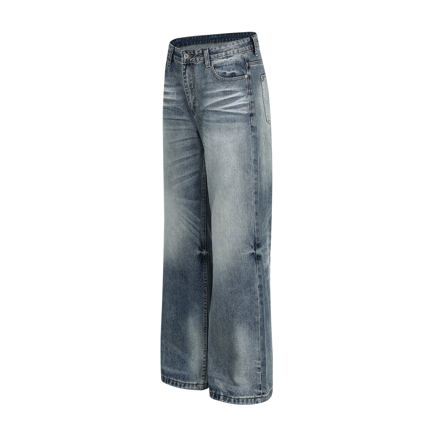 Vintage Street Style Unisex Relaxed Fit Cat-Whisker Pattern Washed Blue Flared Denim Jeans for Men