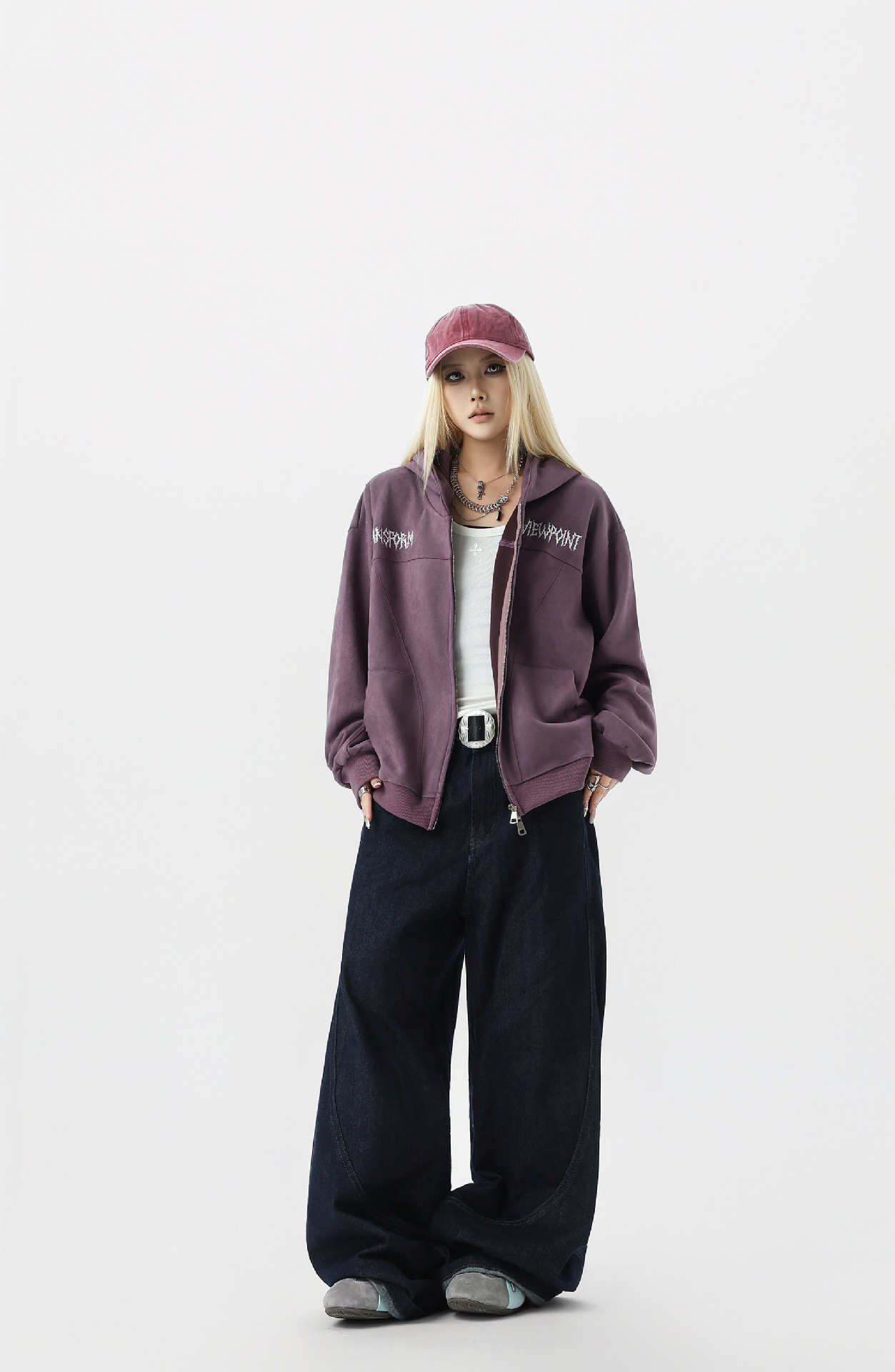 Retro Color-Block Letter Print Hooded Zip-Up Sweater