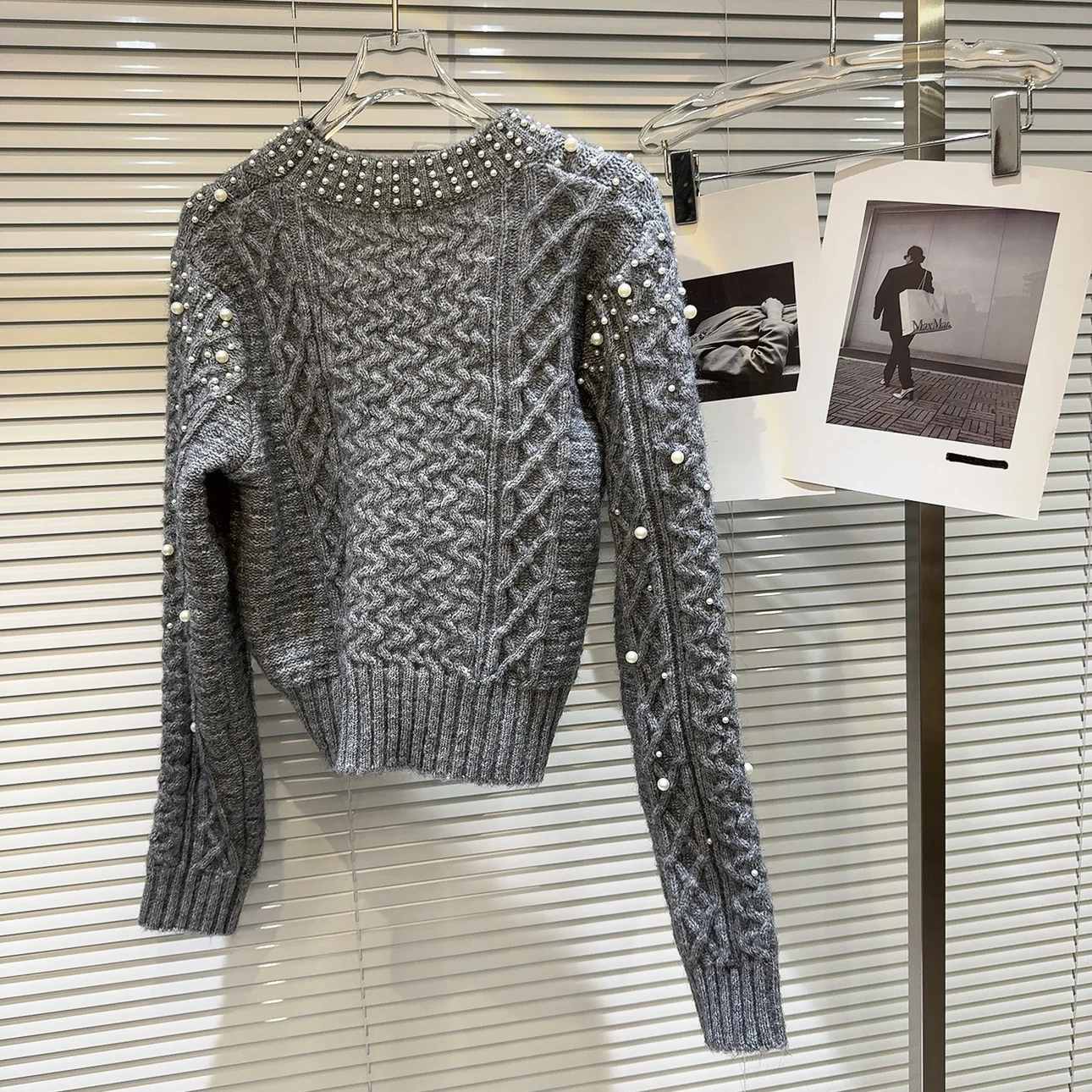 Ladies Beaded Mesh Crew Sweater