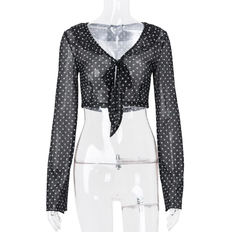 European and American Women's Fashion Sexy Transparent Polka Dot Print Long Sleeve Elegant Versatile Top
