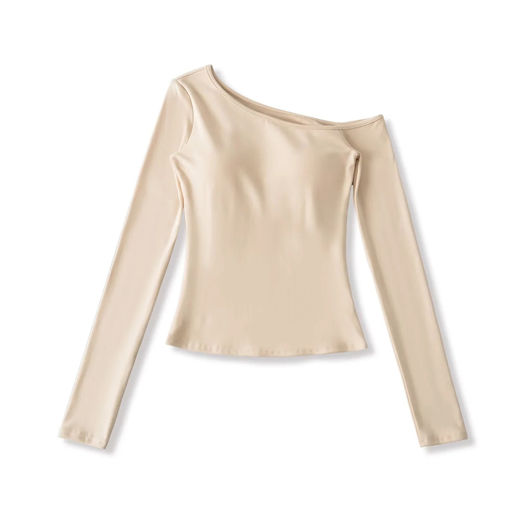 Slim Fit Wrist-Length Plain Slant-Neck Bra-Cup Blouse