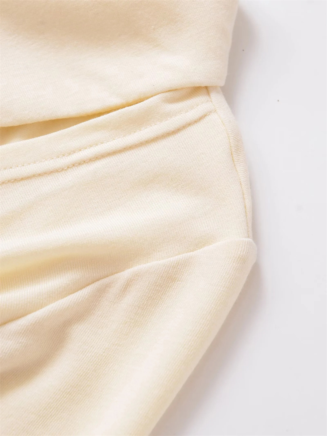 Plain Full-Arm Dropped-Neck Frill Double-Layer Slim-Fit Cropped Tee