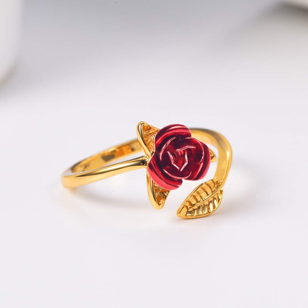 U7 Red Rose Garden Flower Leaves Resizable Finger Rings for Women Valentine's Day Gift Jewelry Hot Sale Open Ring R1019