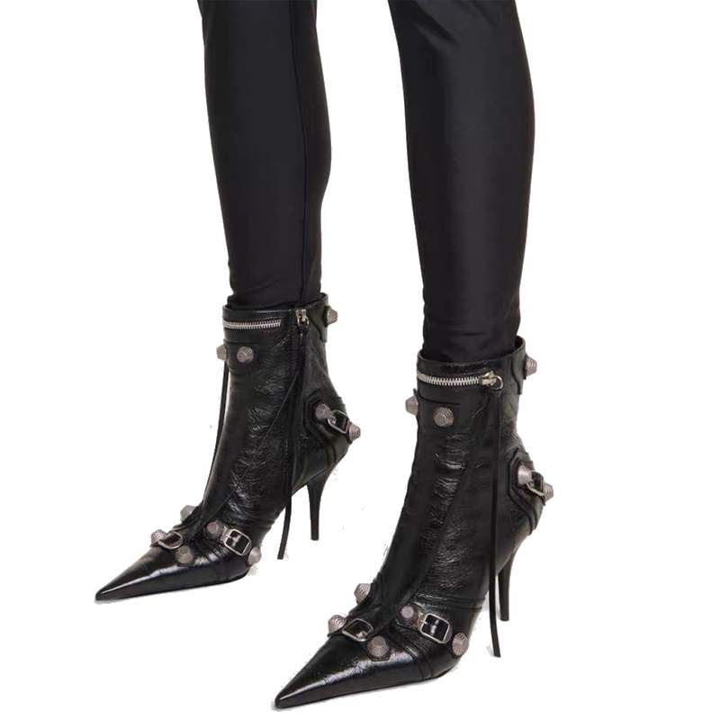 Women's Autumn and Winter Pointed Toe Metal Buckle Zipper Knee Boots Stiletto Rivet High Heels Luxury Shoes
