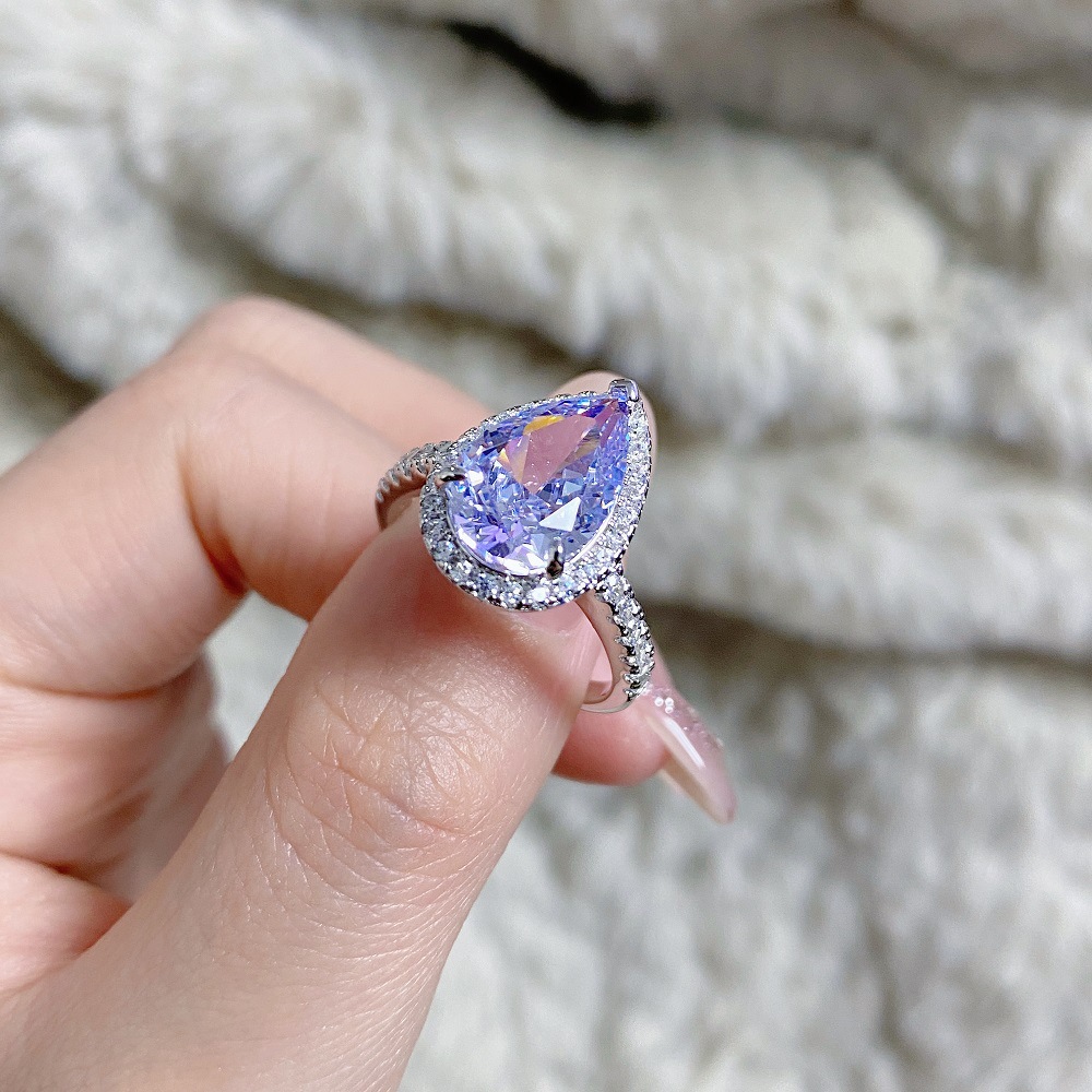 S925 sterling silver pear-shaped ring lavender purple high carbon diamond gemstone diamond ring European and American fashion zircon ring