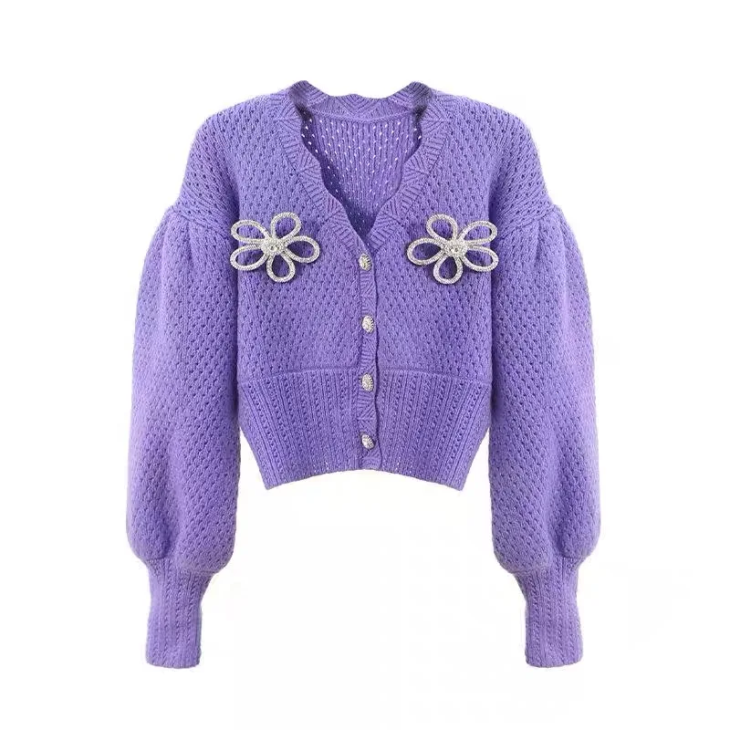 Cotton Violet Bow Plunging Balloon Cardigan