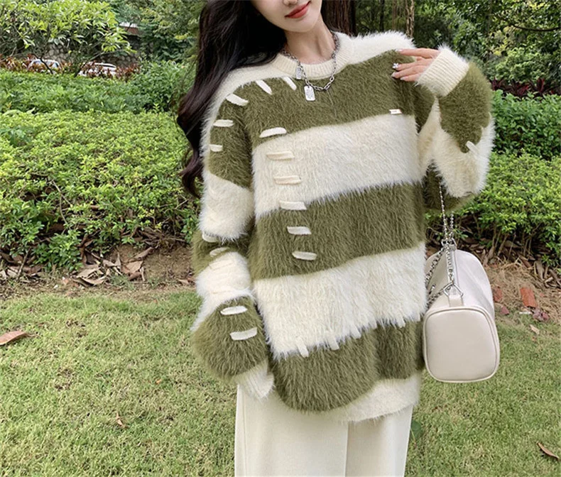 Ladies Fall Two-Tone Oversized Stretch Acrylic Sweater