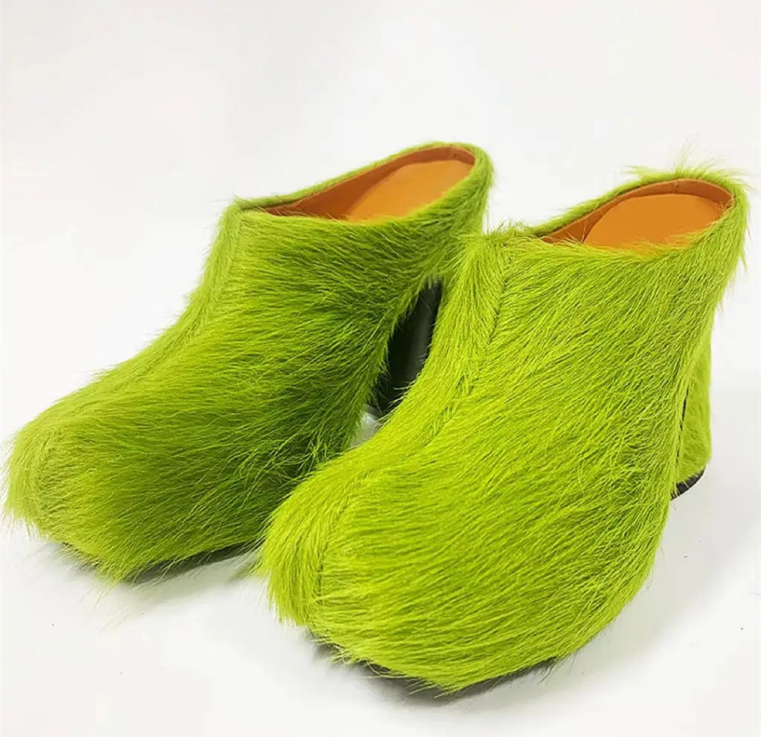 Round headed candy colored genuine leather horse hair with raised height inside casual lazy half slippers for women