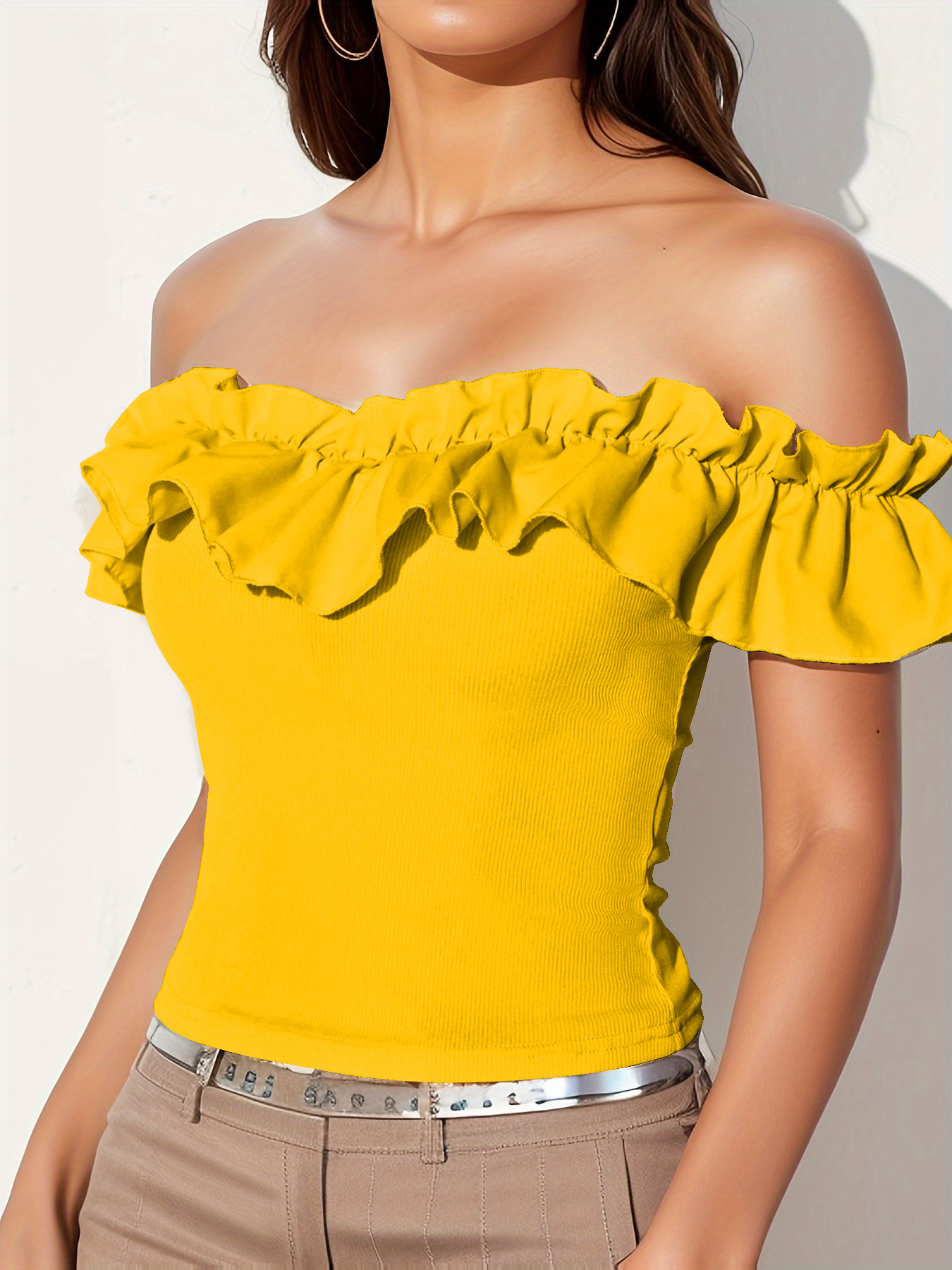 Women's solid color sexy ruffle edge decorative top