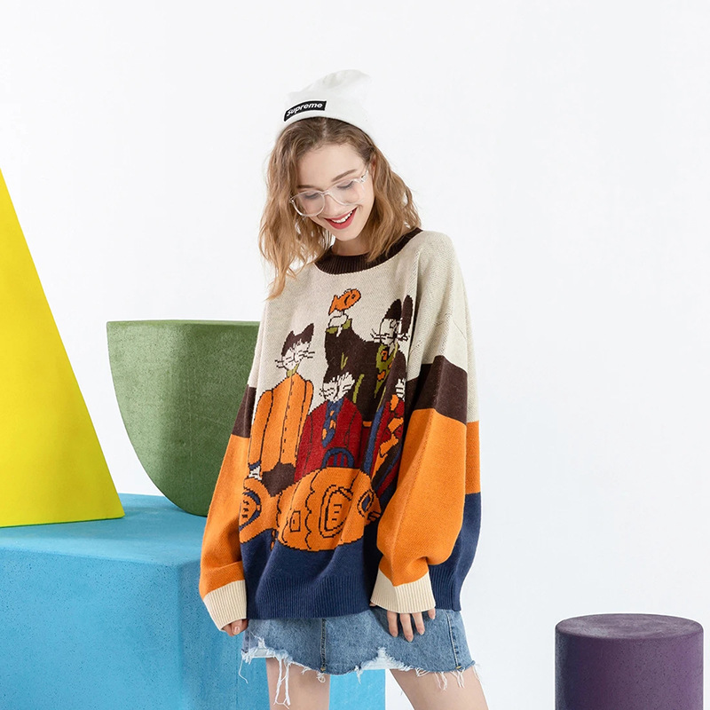 Colorful Feline And Aquatic Print Viscose Sweater
