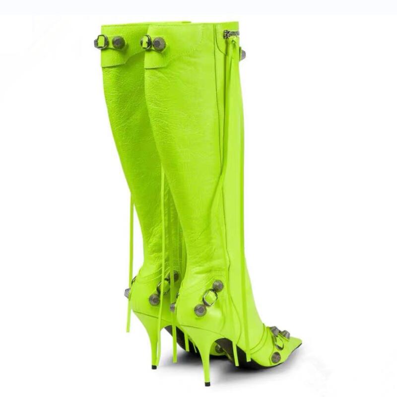 Women's Autumn and Winter Pointed Toe Metal Buckle Zipper Knee Boots Stiletto Rivet High Heels Luxury Shoes