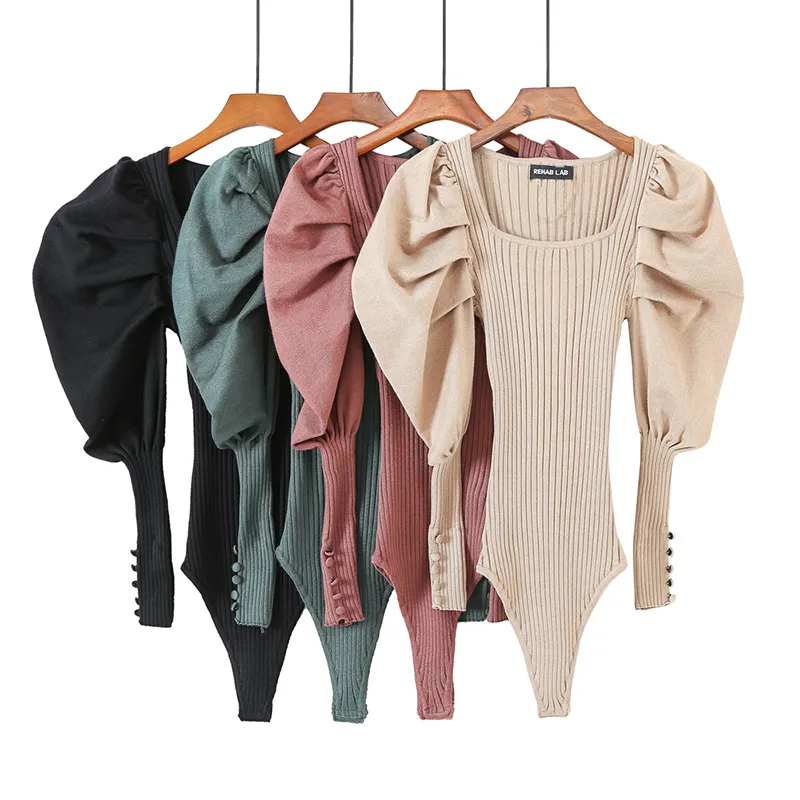 Ladies Knit Plain Geometric Neckline Puffy Sleeves Jumpsuit
