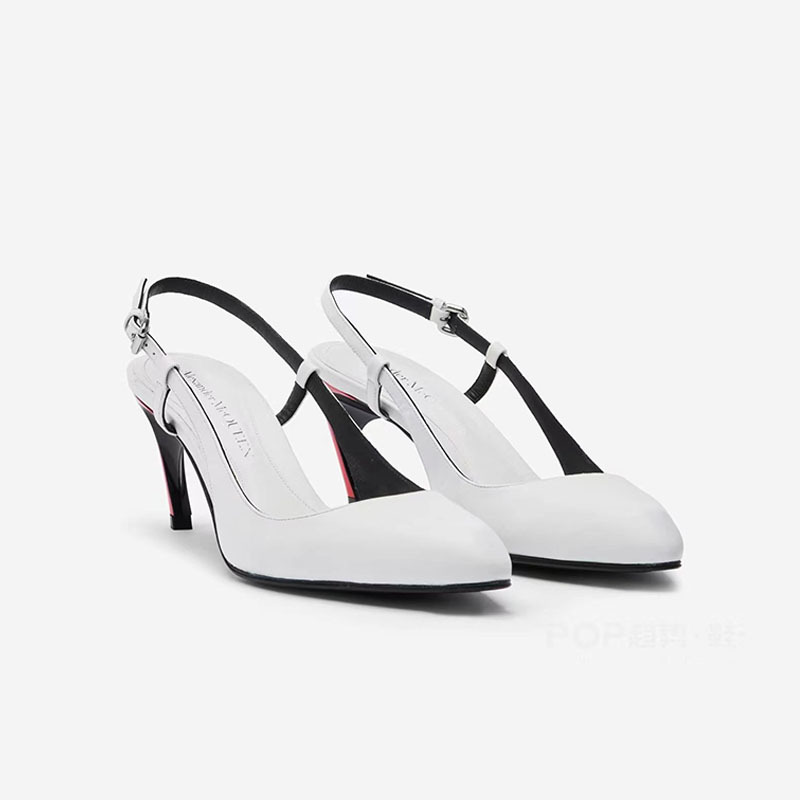 Round head, shallow mouth, slim heel, belt buckle, white sandals style color blocking irregular high heels