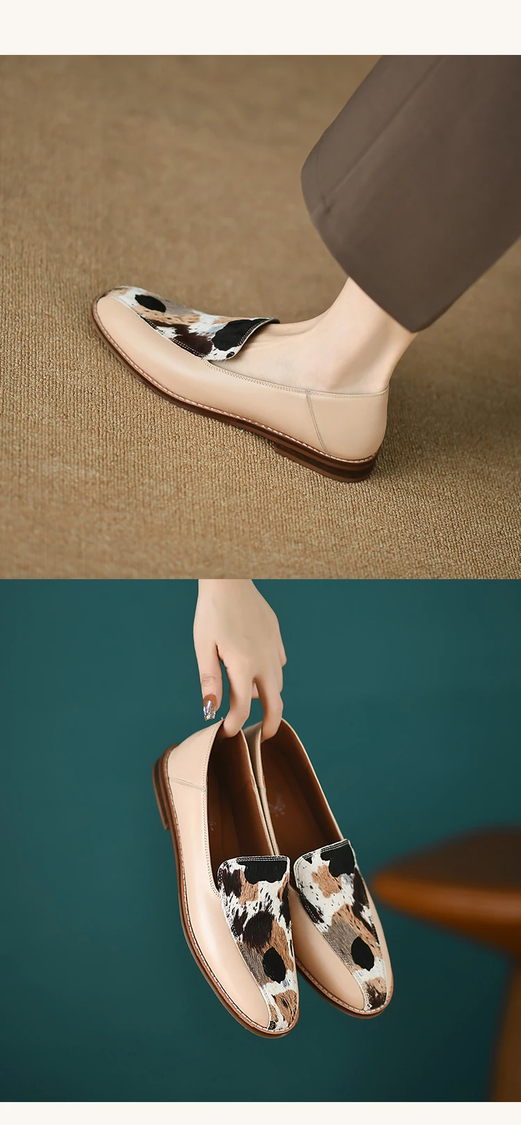 new Spring women pumps natural leather 22-24.5cm horsehair+cowhide mixed color loafers Leopard pattern women shoes