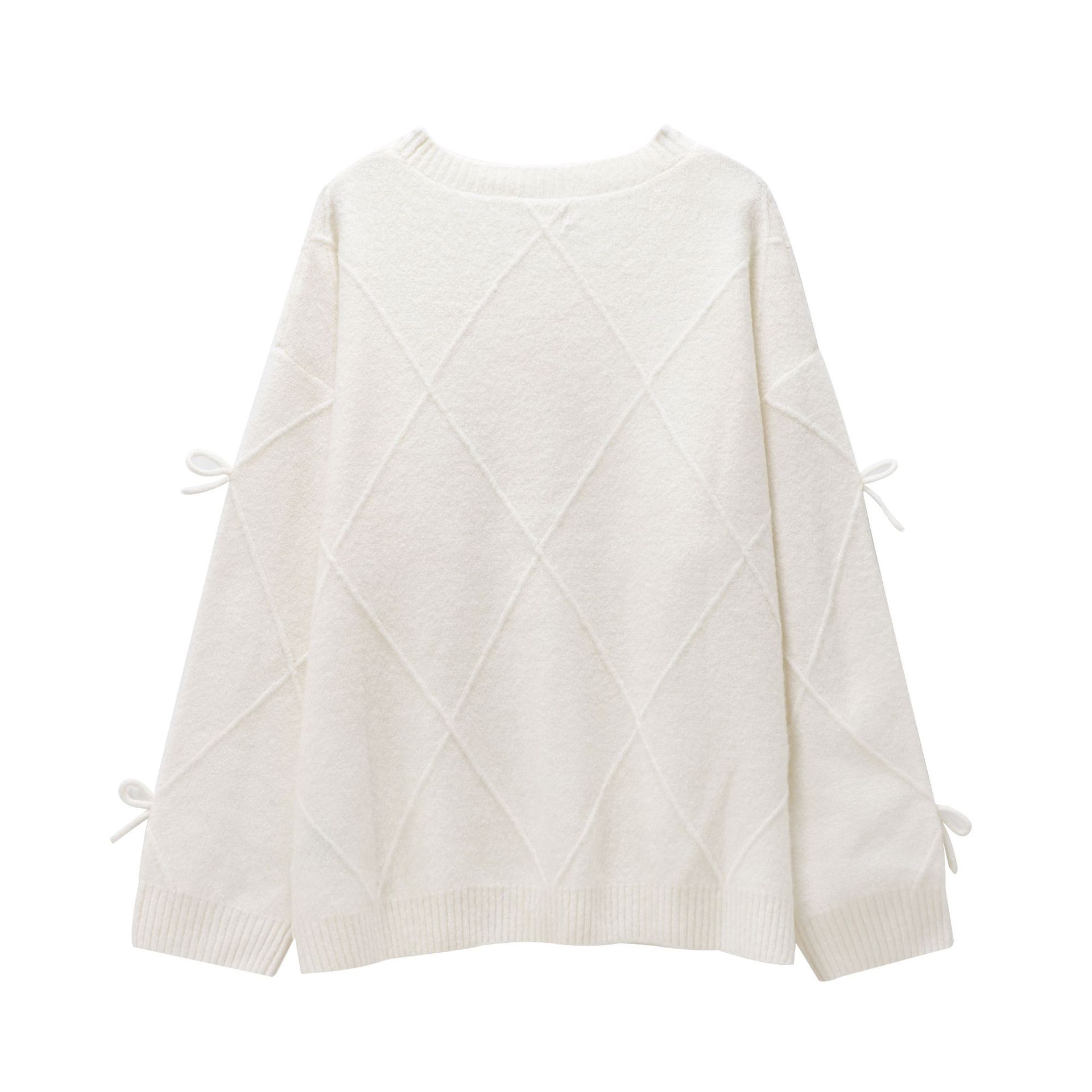 Ladies Solid Crew Ribbon Accent Sweater