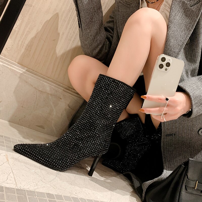 Women's Rhinestone High Heel Booties Fall New Pointed Toe Mid Boots 8.5cm High Heel Black Rhinestone Side Zipper Boots Size 39