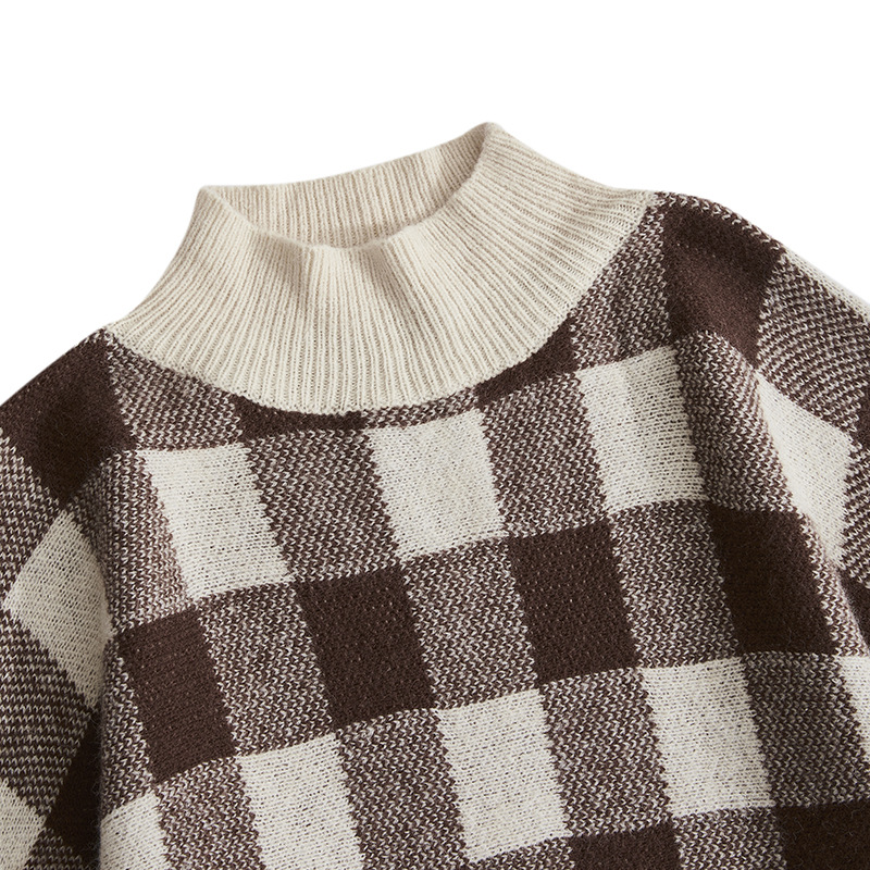 Ladies Mock Neck Checked Contrast Sweater