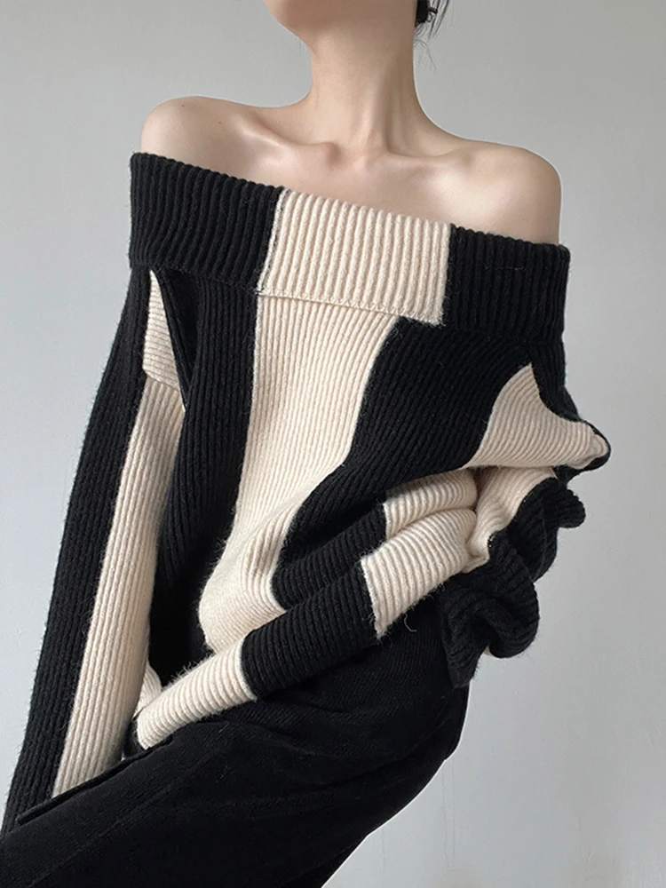Ladies Oversized Two-Tone Asymmetric Acrylic Sweater