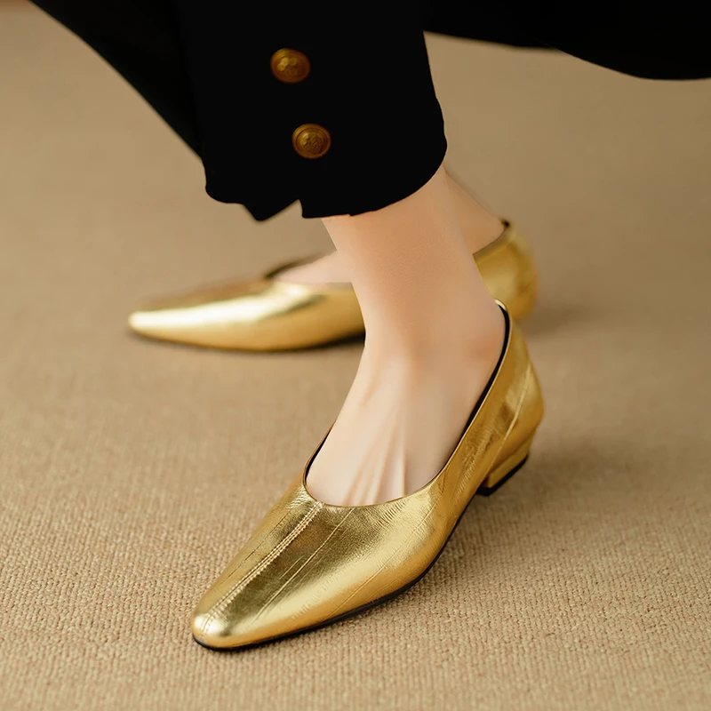 Fashion Genuine Leather mid heels woman elegant Loafer office lady square toe party pumps