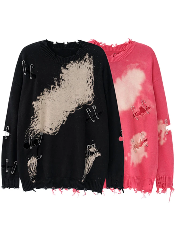 Ladies Needle-Knit Mosaic Openwork Marbled Sweater
