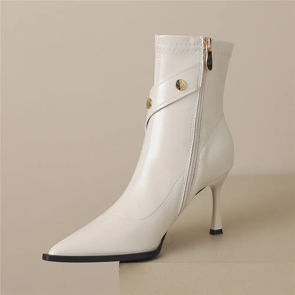 Pointed Toe Women Cow Leather Ankle Boots Thin Heels Zippers Solid Color Metal Rivet Dress Party Shoes
