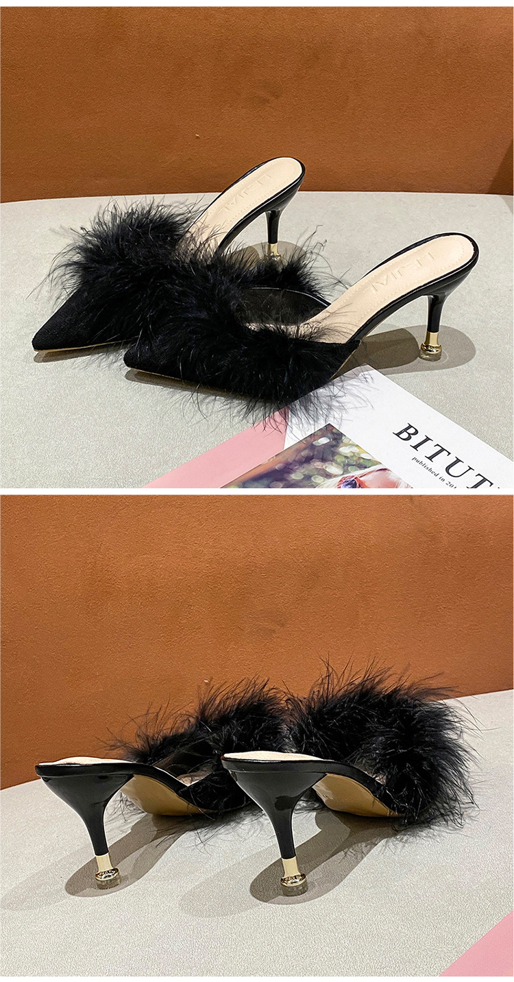 Women High Heel Shoes Fur Slippers Mules Pointed Toe Furry Slides Fashion Elegant Luxury Designer Flip Flops Office Pumps