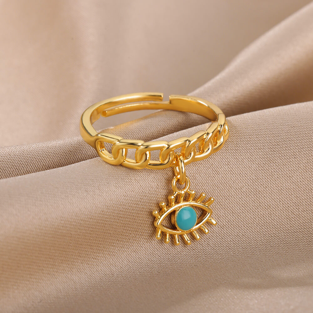 Turkish Zircon Evil Eye Rings For Women Open Adjustbale Gold Plated Stainless Steel Ring Couple Rings Wedding Jewelry Bague