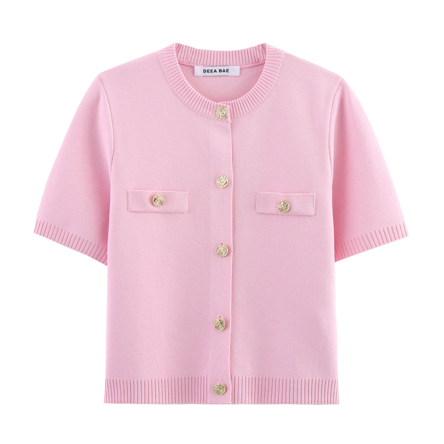 Round neck short sleeved button up knitted sweater top for women